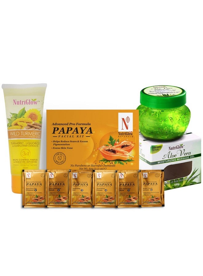 Natural'S Advanced Pro Formula Combo Pack Of 3 Papaya Facial Kit (60Gm) Aloe Vera Face Gel (100Gm) & Wild Turmeric Face Wash (65Ml) For Replenishes Acne & Blackheads Fights With Dust