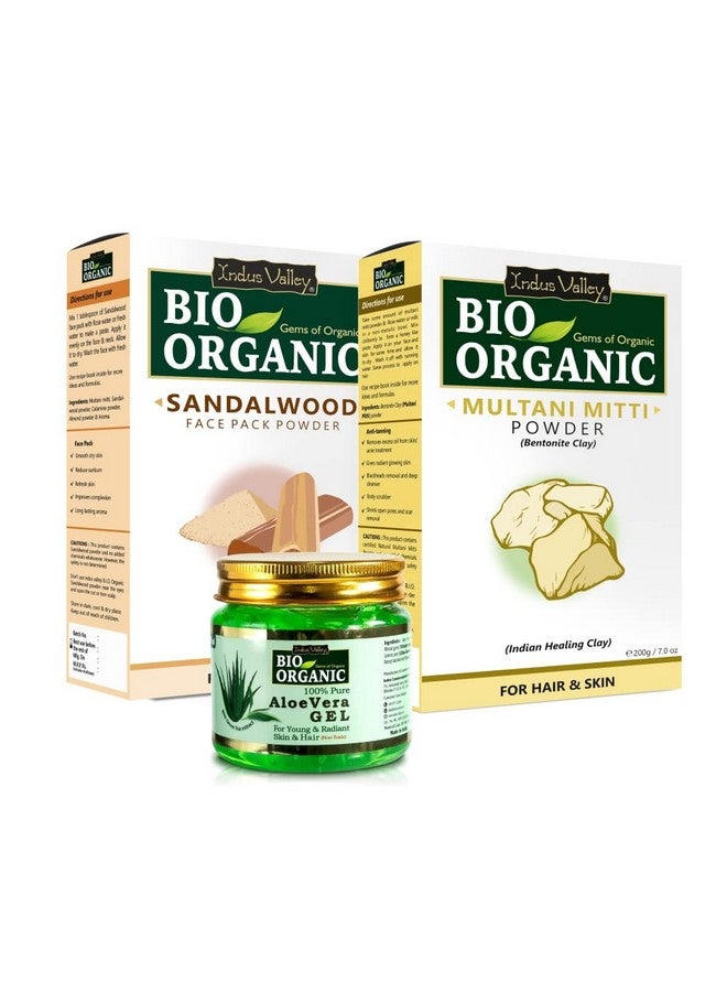 Bio Organic Nontoxic Aloe Vera Gel + Sandalwood Face Pack + Multani Mitti Powder Healing Clay Bentonite Clay (175Ml +200G+200G)