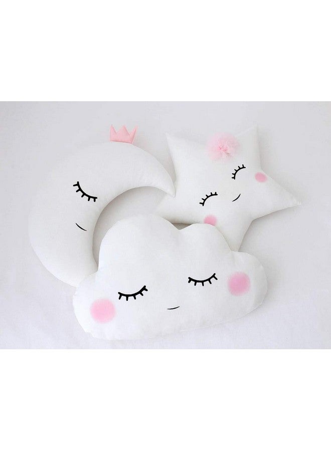 Cute Cloud Moon Star Cot Cushion (Pack Of 3 16X16 Inch Velvet) Kids Cushion Soft Toy Soft Plush Pillow Cot Cushion Nursery Decor Baby Cushion Pink Blush