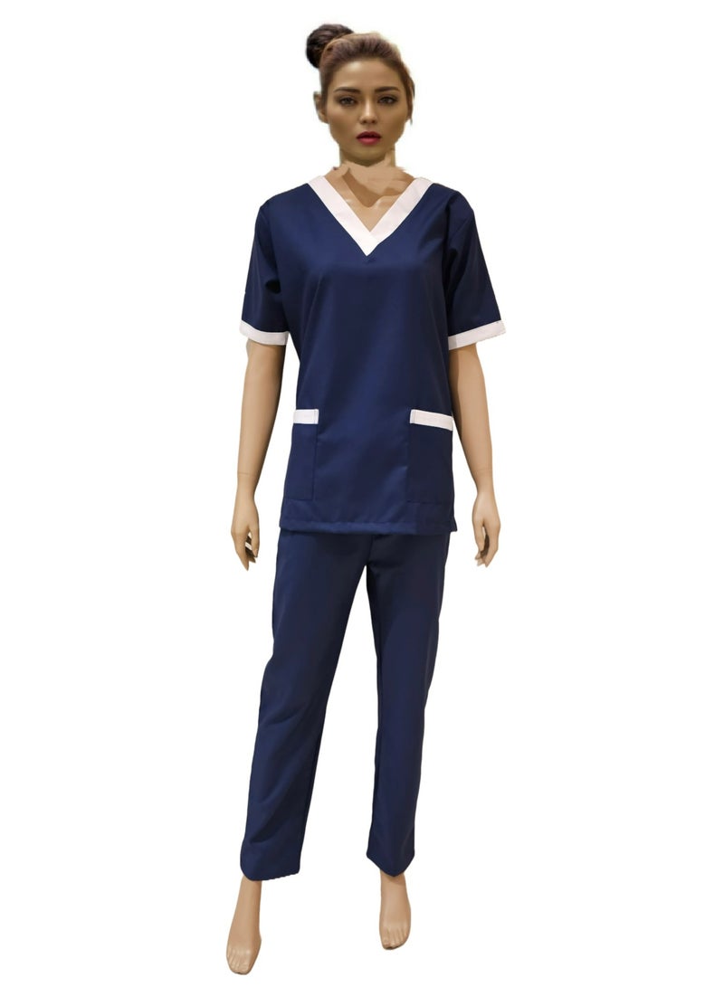 V-Neck Scrub Suit for Nurses and Housekeepers, Short Sleeve with White Piping