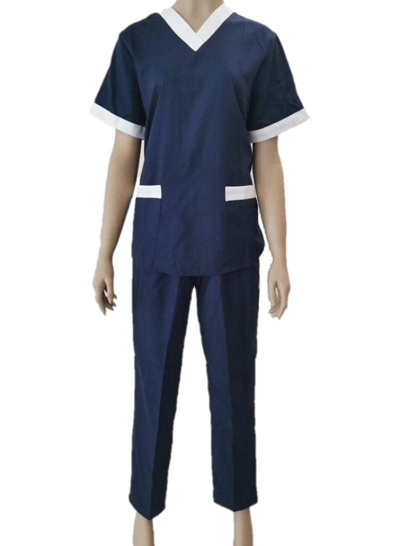 V-Neck Scrub Suit for Nurses and Housekeepers, Short Sleeve with White Piping