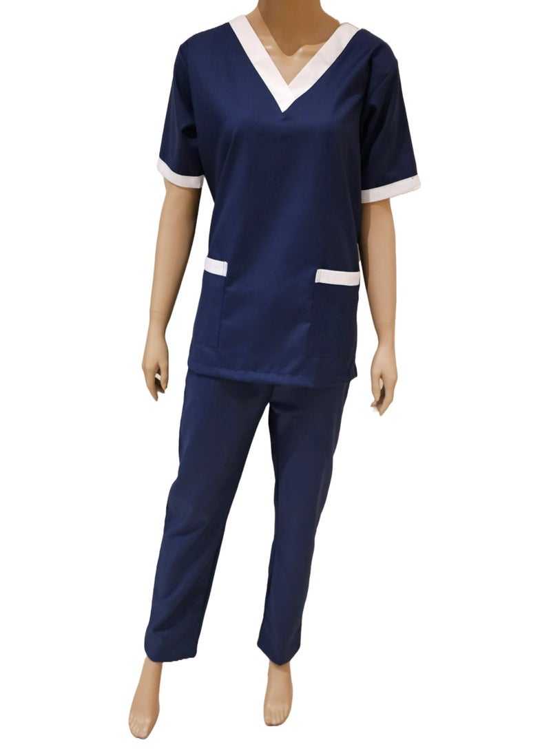 V-Neck Scrub Suit for Nurses and Housekeepers, Short Sleeve with White Piping