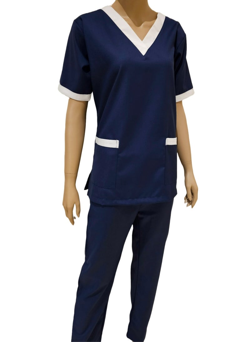 V-Neck Scrub Suit for Nurses and Housekeepers, Short Sleeve with White Piping