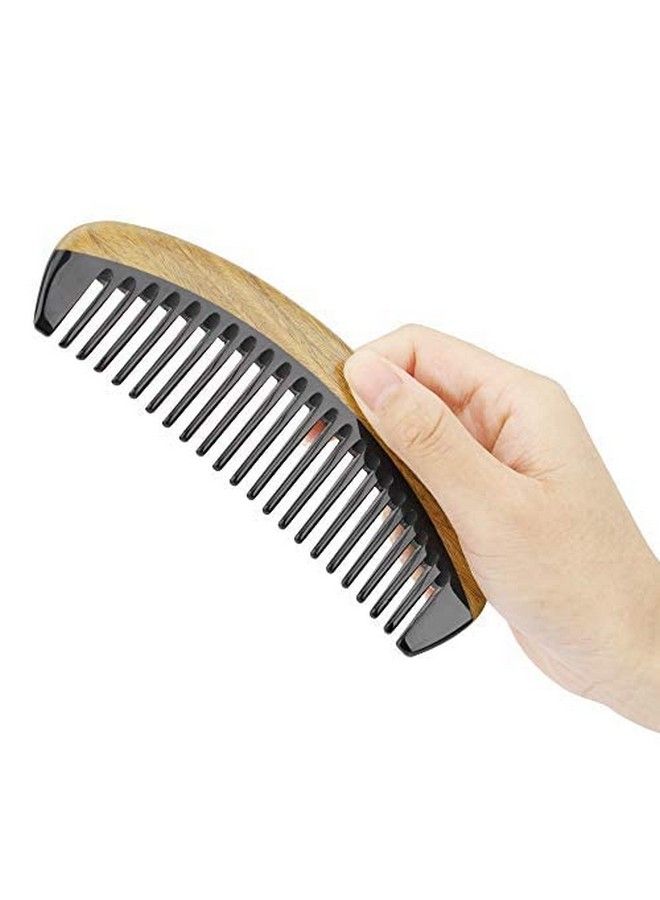 100% Handmade Natural Green Sandalwood With Buffalo Horn Hair Combs Antistatic Sandalwood Scent Natural Hair Detangler Wooden Combs (Buffalo Horn Oval Wide Tooth)