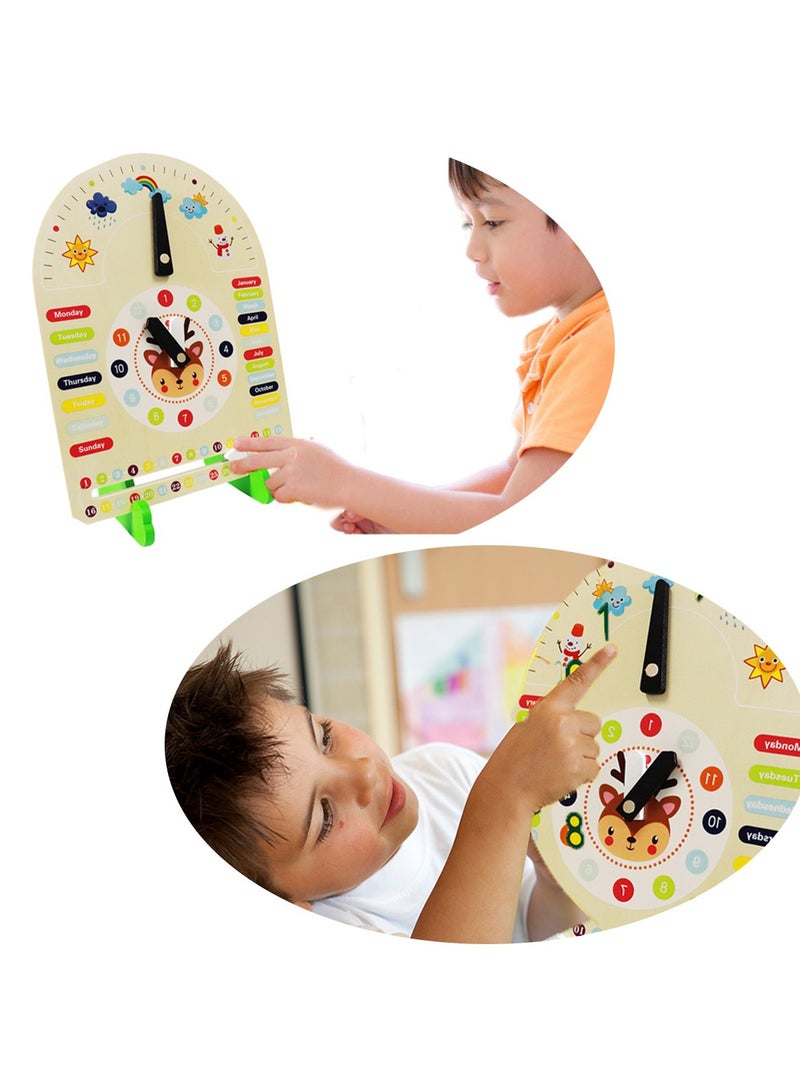 Kids Clock Toy Time Learning Blackboard Stand Montessori Wooden Toys Season Timing Month Date Week Weather Studying All-in-one Display Board Educational Toys for Toddlers