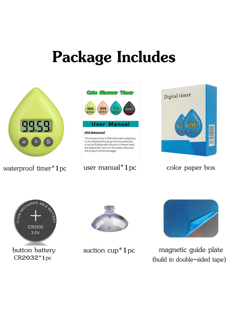 Silent Non-Ticking Battery Operated Shower Timer, Waterproof Digital Timer, Small Size Cute Timer with Suction Cup, Small Size and Good Performance, Strong Magnet on the Back (Light Green)