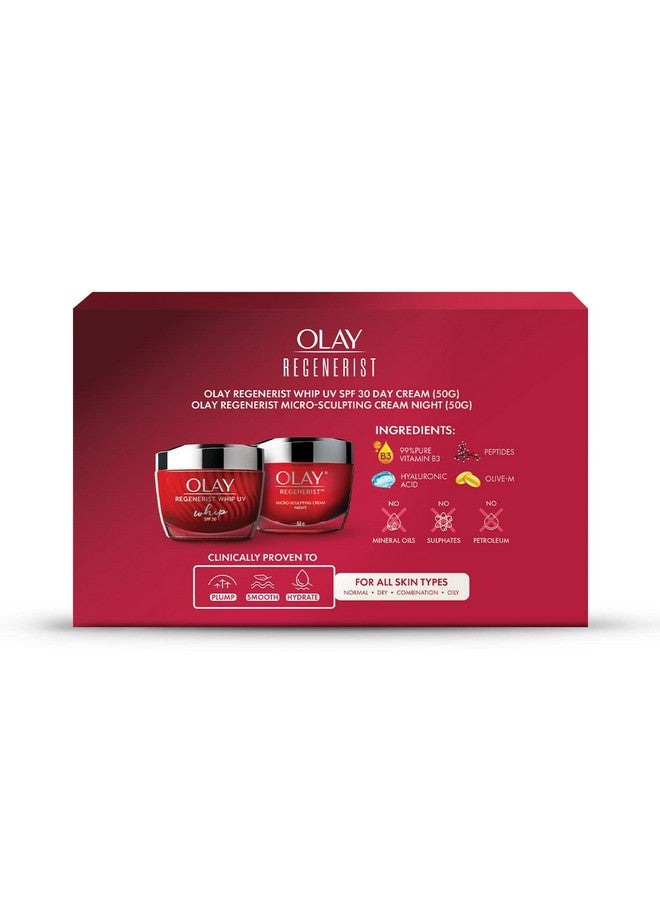 Regenerist Giftpack Whip Day Cream With 50G + Microsculpting Night Cream 50G Hydrated & Bouncy Skin With Hyaluronic Acid And Peptides Normal Oily Dry Combination Skin Pack Of 2