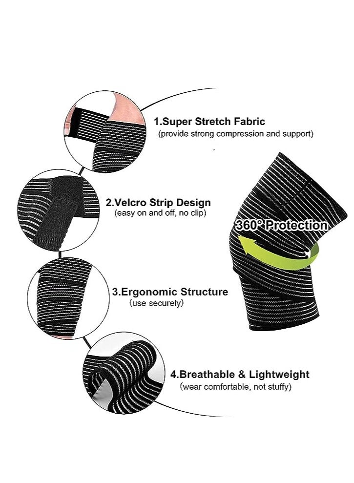 Knee Wraps for Leg Calf Thigh Extra Long Elastic, All Purpose Support Wrap Brace Compression Bandage for Pain Relief Weightlifting, Powerlifting Squats, for Men & Women (Black) (2Pcs)