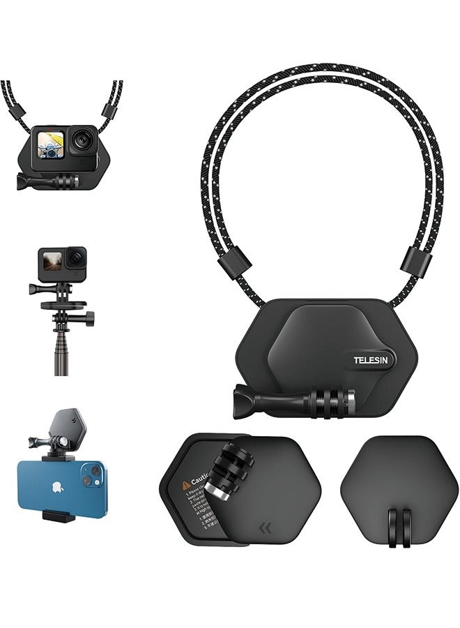 TELESIN Magnetic Chest Mount with Neck Strap + Phone Holder + Magnet Tripod Quick Release Base for GoPro Max 12 11 10 Insta360 DJI Action Accessories