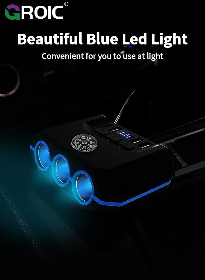 7 in 1 Car Charger 3 Scoket 120W, BUVAYE Cigarette Lighter Splitter Adapter 4 USB Ports with Separate Switch LED Voltage Display, 24V/12V Cigarette Lighter Plug for All Car Devices