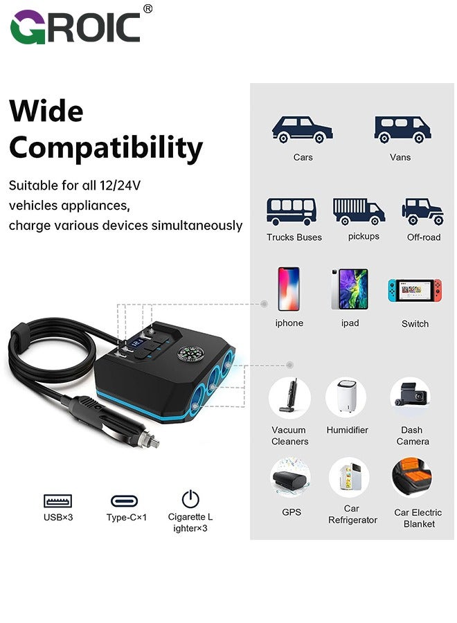 7 in 1 Car Charger 3 Scoket 120W, BUVAYE Cigarette Lighter Splitter Adapter 4 USB Ports with Separate Switch LED Voltage Display, 24V/12V Cigarette Lighter Plug for All Car Devices