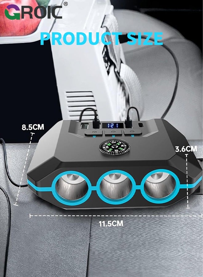 7 in 1 Car Charger 3 Scoket 120W, BUVAYE Cigarette Lighter Splitter Adapter 4 USB Ports with Separate Switch LED Voltage Display, 24V/12V Cigarette Lighter Plug for All Car Devices