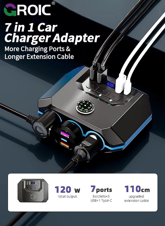 7 in 1 Car Charger 3 Scoket 120W, BUVAYE Cigarette Lighter Splitter Adapter 4 USB Ports with Separate Switch LED Voltage Display, 24V/12V Cigarette Lighter Plug for All Car Devices