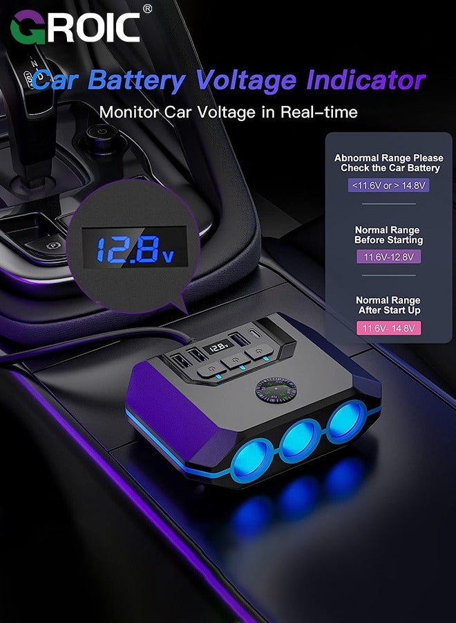 7 in 1 Car Charger 3 Scoket 120W, BUVAYE Cigarette Lighter Splitter Adapter 4 USB Ports with Separate Switch LED Voltage Display, 24V/12V Cigarette Lighter Plug for All Car Devices