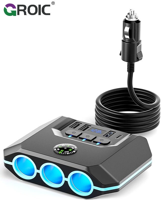 7 in 1 Car Charger 3 Scoket 120W, BUVAYE Cigarette Lighter Splitter Adapter 4 USB Ports with Separate Switch LED Voltage Display, 24V/12V Cigarette Lighter Plug for All Car Devices
