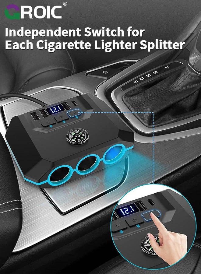 7 in 1 Car Charger 3 Scoket 120W, BUVAYE Cigarette Lighter Splitter Adapter 4 USB Ports with Separate Switch LED Voltage Display, 24V/12V Cigarette Lighter Plug for All Car Devices