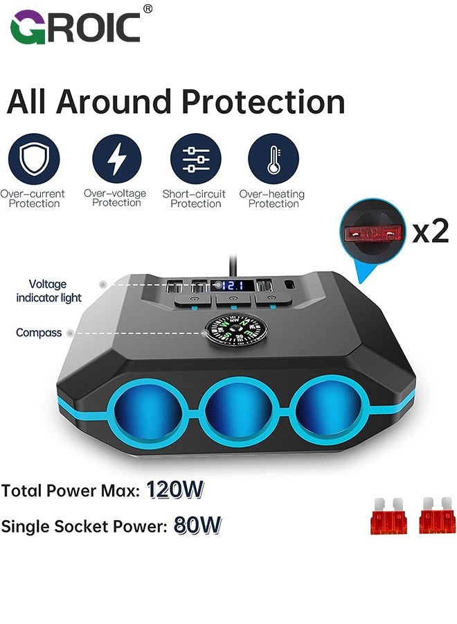 7 in 1 Car Charger 3 Scoket 120W, BUVAYE Cigarette Lighter Splitter Adapter 4 USB Ports with Separate Switch LED Voltage Display, 24V/12V Cigarette Lighter Plug for All Car Devices
