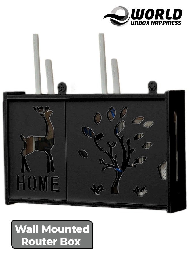 Stylish Wall-Mounted Router Rack for Wi-Fi Router, Set-Top Box, Light Cat Box, and More, Includes Doors and Patch Panel Shielding Box for Neat Storage, Black