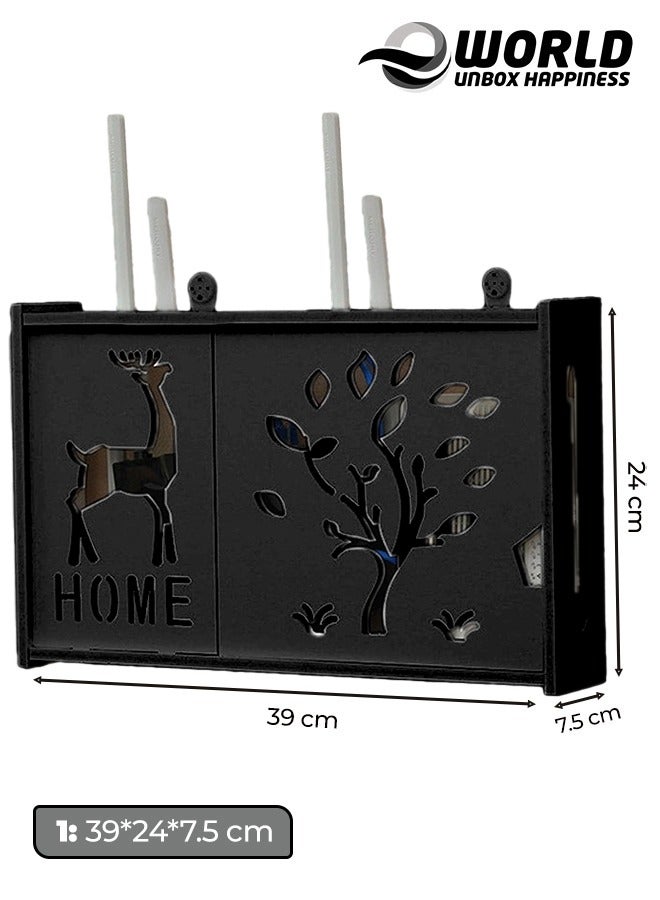 Stylish Wall-Mounted Router Rack for Wi-Fi Router, Set-Top Box, Light Cat Box, and More, Includes Doors and Patch Panel Shielding Box for Neat Storage, Black