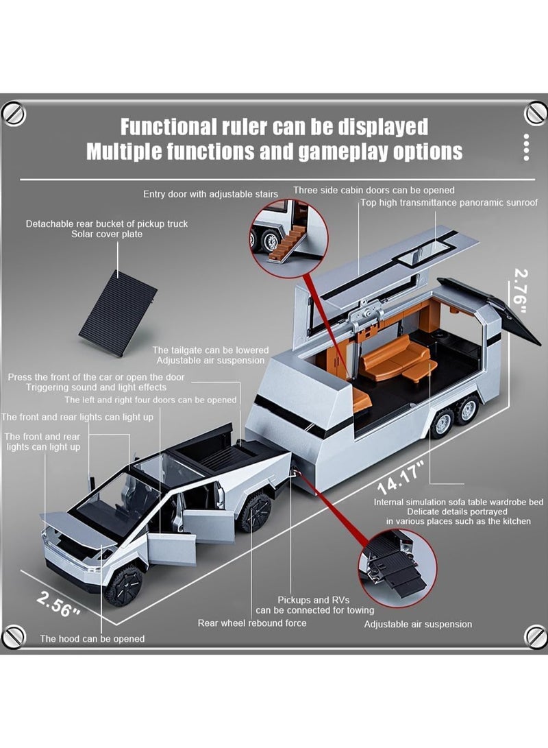 1/32 Tesla Pickup Truck Trailer RV Model Kit, Alloy Off-Road Vehicle, Car Model Diecast Metal Toy, Truck Model Simulation Sound Light, Gift for Boys and Girls. (With RV Silver)