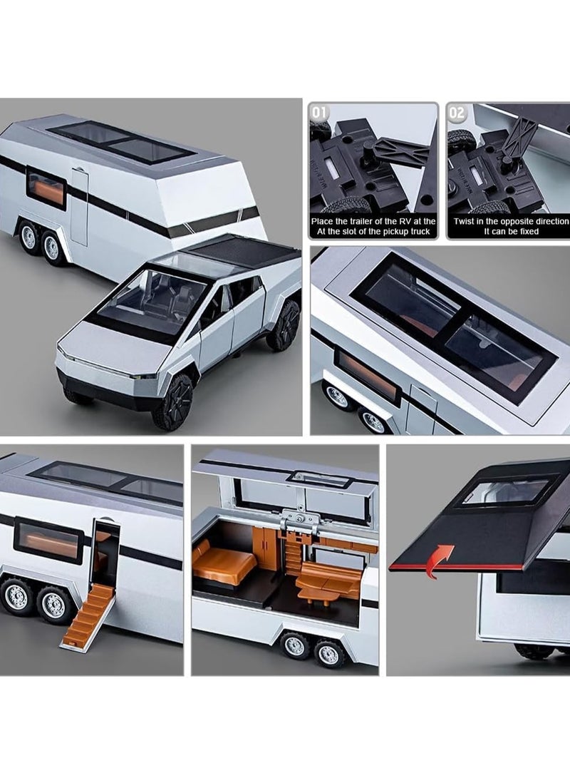 1/32 Tesla Pickup Truck Trailer RV Model Kit, Alloy Off-Road Vehicle, Car Model Diecast Metal Toy, Truck Model Simulation Sound Light, Gift for Boys and Girls. (With RV Silver)