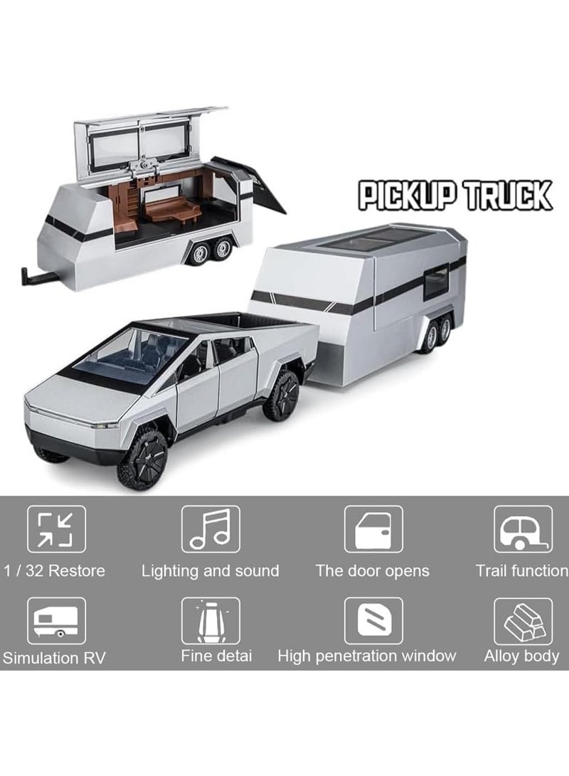 1/32 Tesla Pickup Truck Trailer RV Model Kit, Alloy Off-Road Vehicle, Car Model Diecast Metal Toy, Truck Model Simulation Sound Light, Gift for Boys and Girls. (With RV Silver)