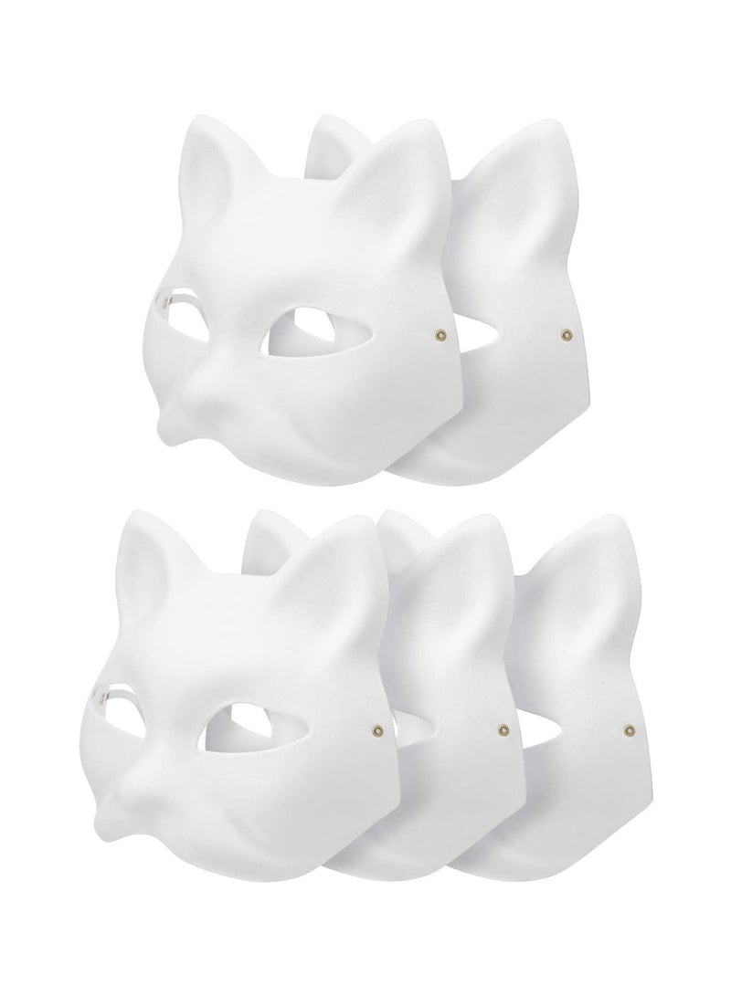 DIY Unpainted White Paper Mask Fox Cat Face Pulp Blank Hand Painted Mask Personality Design Mask for Dance Party Festival Performance White (5 Pcs)