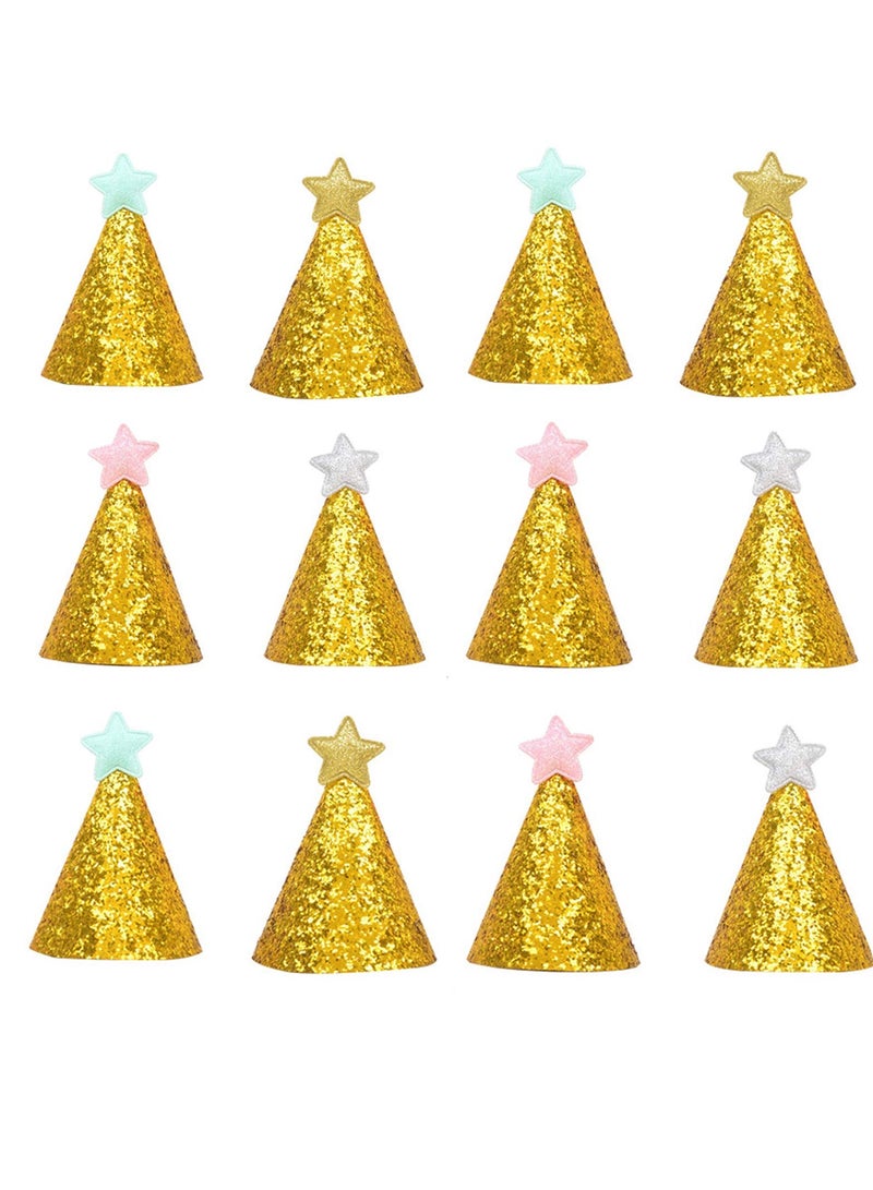 12 Pack Golden Star Birthday Hats Happy Birthday Cloth Party Cone Hats Shiny Party Hat for Kids Adults Pets