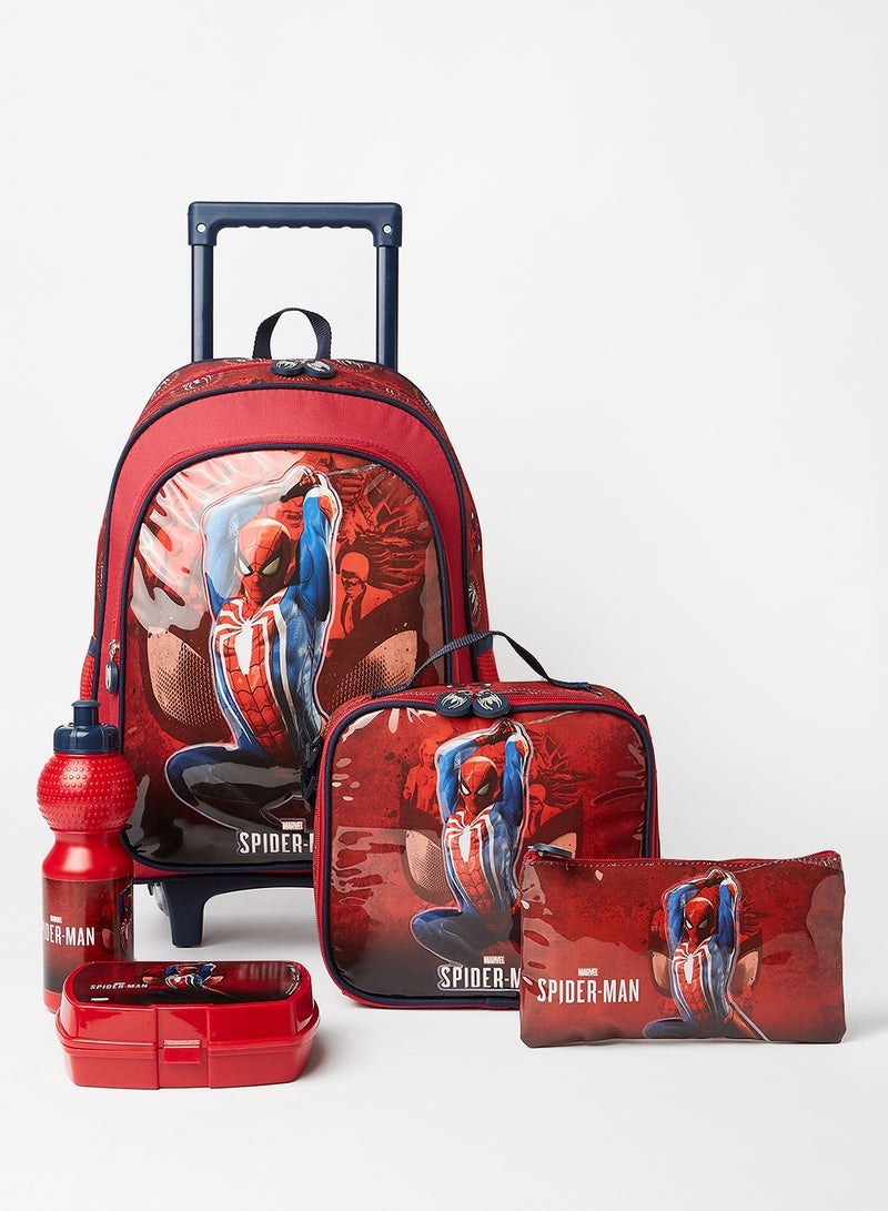 5 Piece Spiderman Boys Trolley Backpack Set 16 Inch Red