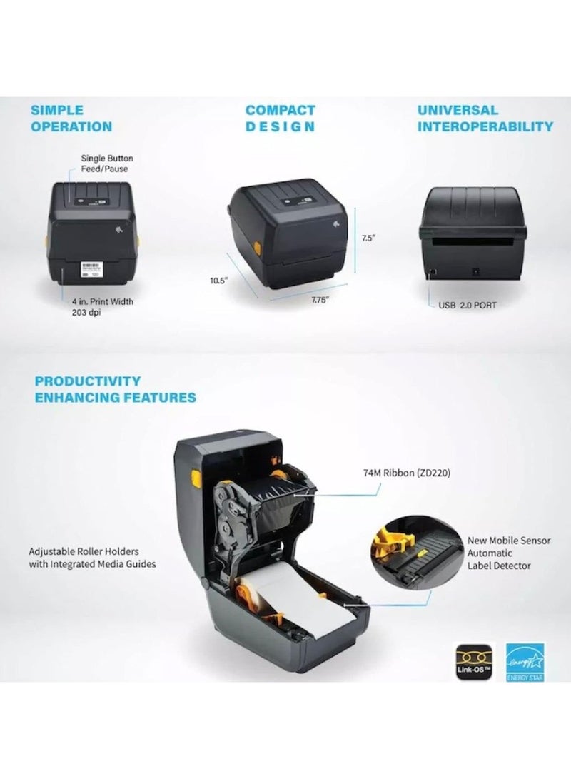ZEBRA [ZD-220T] Direct Thermal & Thermal Transfer Barcode Printer | Resolution 203DPI | Max Print Width 4 inch | USB | Office Label | Shipping Labels