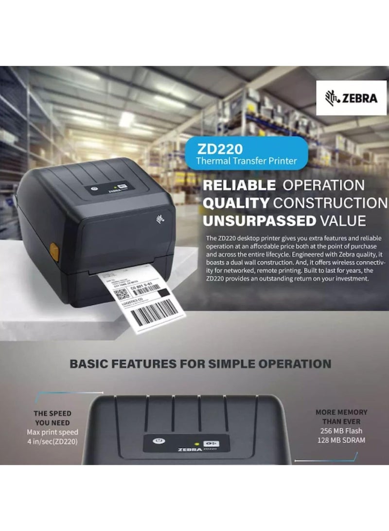 ZEBRA [ZD-220T] Direct Thermal & Thermal Transfer Barcode Printer | Resolution 203DPI | Max Print Width 4 inch | USB | Office Label | Shipping Labels
