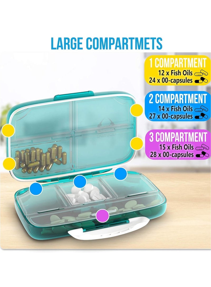 Travel Daily Pill Organizer, 8 Compartments Moisture Proof Small Pill Box for Pocket Purse Daily Pill Case Portable Medicine Vitamin Holder Container Box, Blue