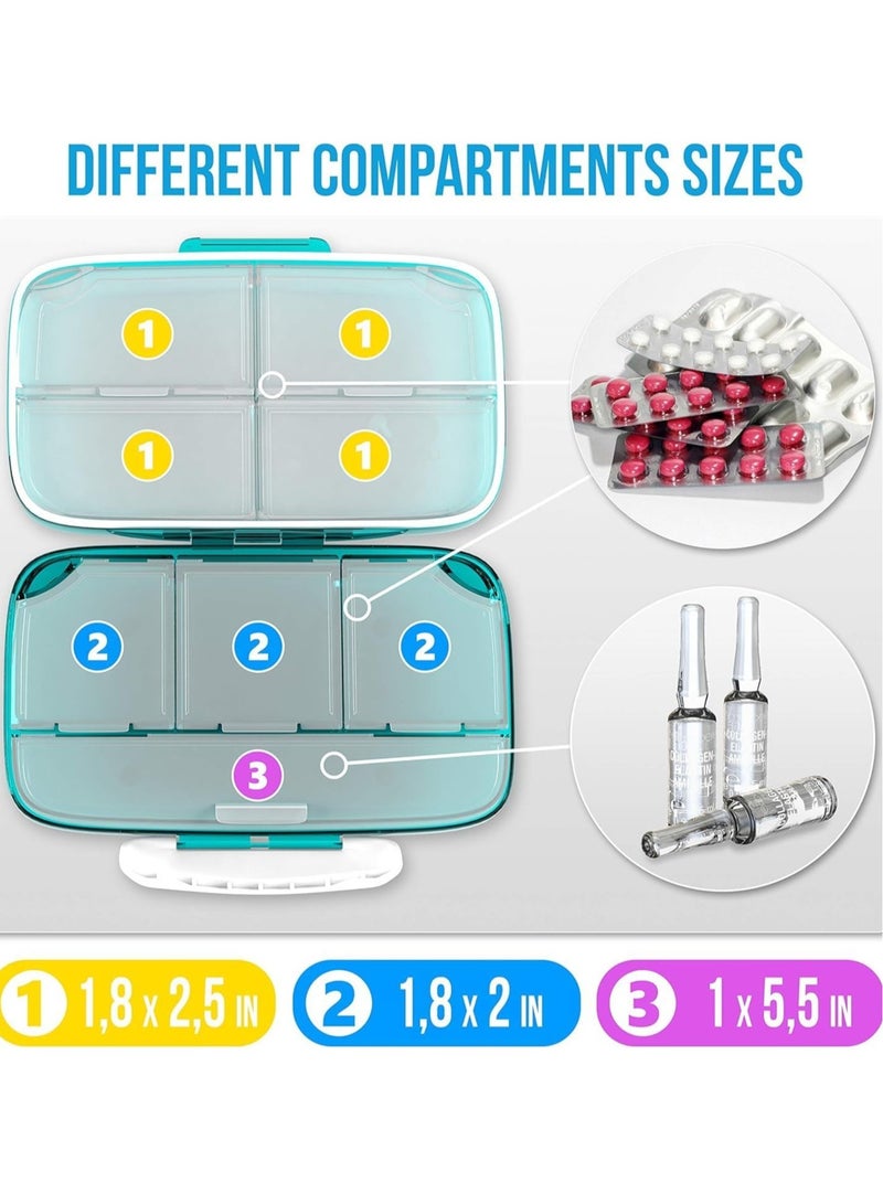 Travel Daily Pill Organizer, 8 Compartments Moisture Proof Small Pill Box for Pocket Purse Daily Pill Case Portable Medicine Vitamin Holder Container Box, Blue