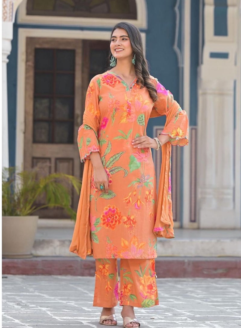 Orange Floral Printed Kurta Set with Chiffon Dupatta | Indian Dress for Women | Traditional Dress Salwar Kameez Kurti Pant Dupatta Set | Ready to Wear Ethnic Kurta Set