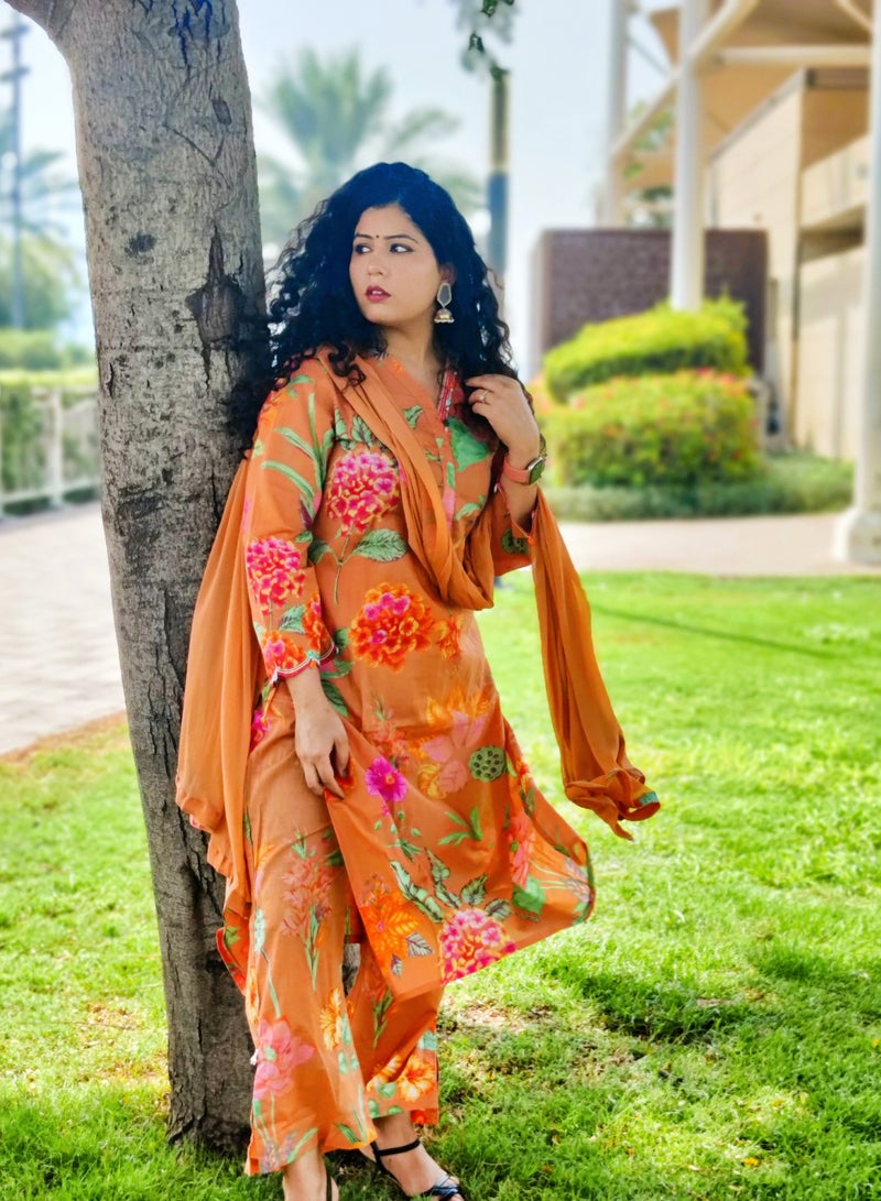 Orange Floral Printed Kurta Set with Chiffon Dupatta | Indian Dress for Women | Traditional Dress Salwar Kameez Kurti Pant Dupatta Set | Ready to Wear Ethnic Kurta Set