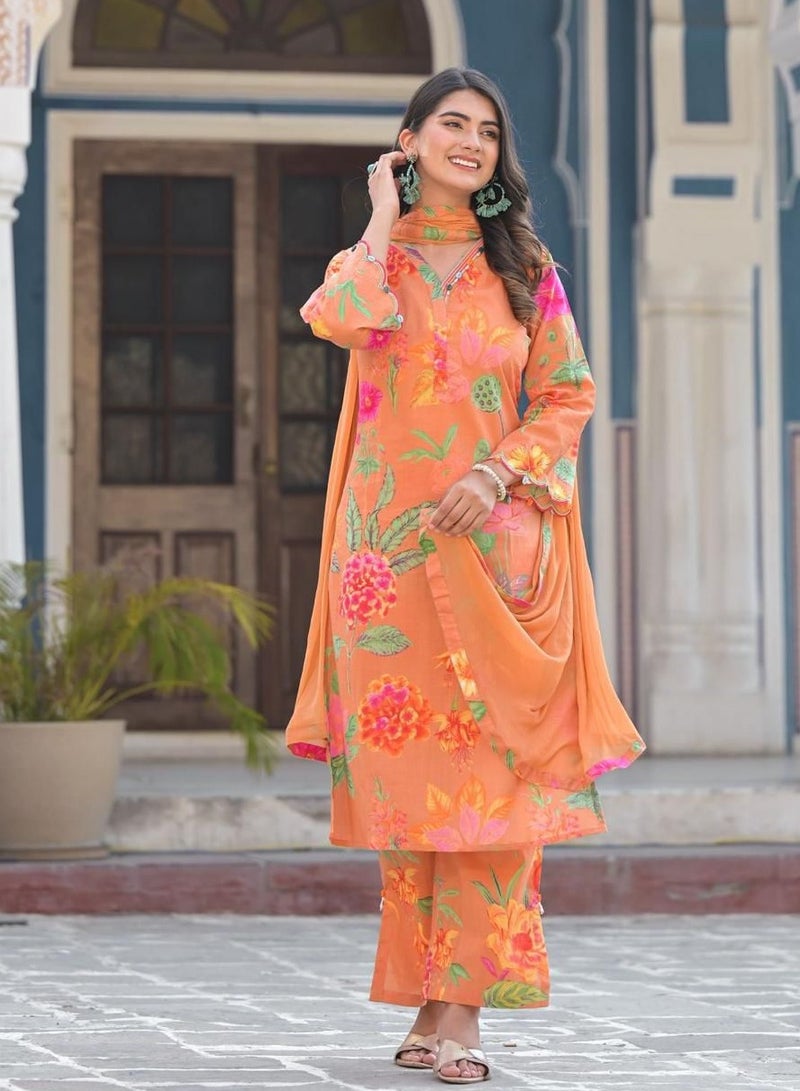 Orange Floral Printed Kurta Set with Chiffon Dupatta | Indian Dress for Women | Traditional Dress Salwar Kameez Kurti Pant Dupatta Set | Ready to Wear Ethnic Kurta Set