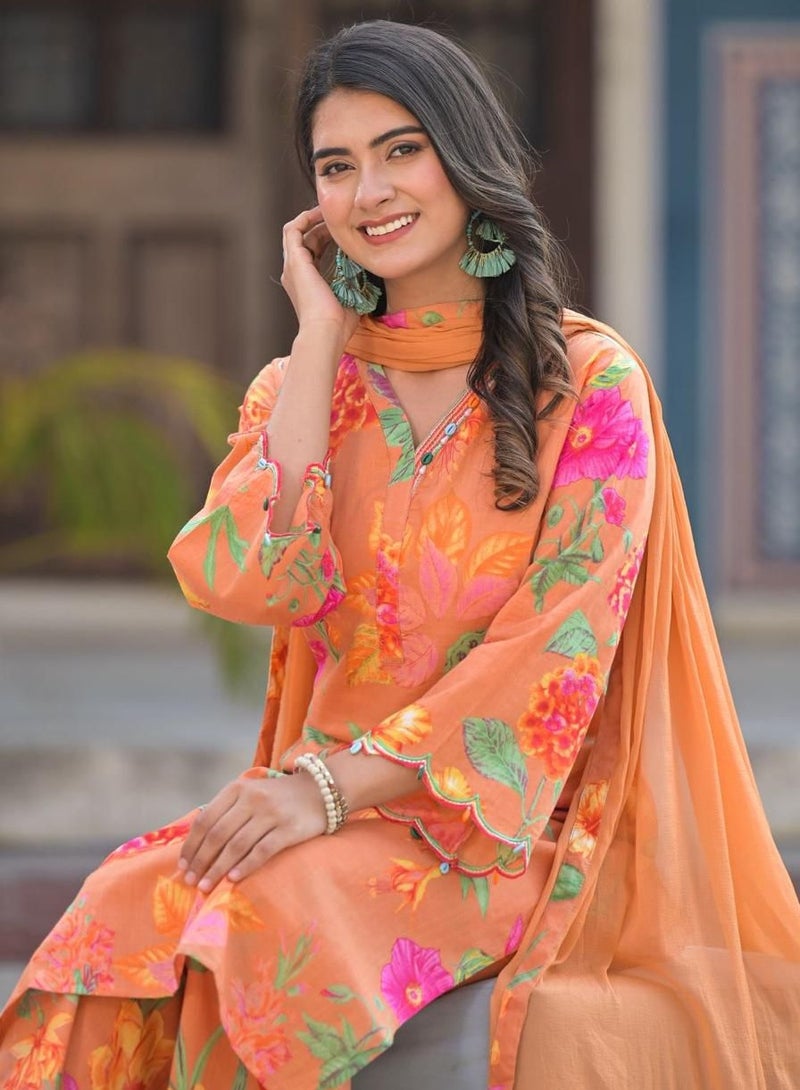 Orange Floral Printed Kurta Set with Chiffon Dupatta | Indian Dress for Women | Traditional Dress Salwar Kameez Kurti Pant Dupatta Set | Ready to Wear Ethnic Kurta Set