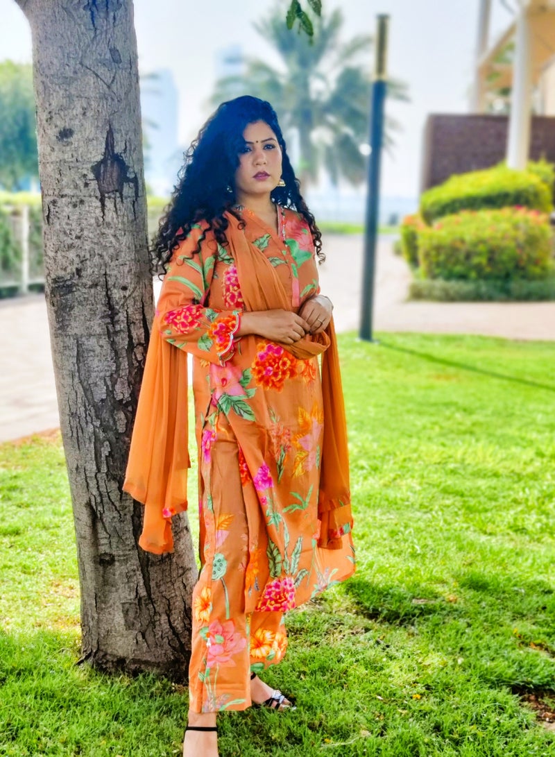 Orange Floral Printed Kurta Set with Chiffon Dupatta | Indian Dress for Women | Traditional Dress Salwar Kameez Kurti Pant Dupatta Set | Ready to Wear Ethnic Kurta Set