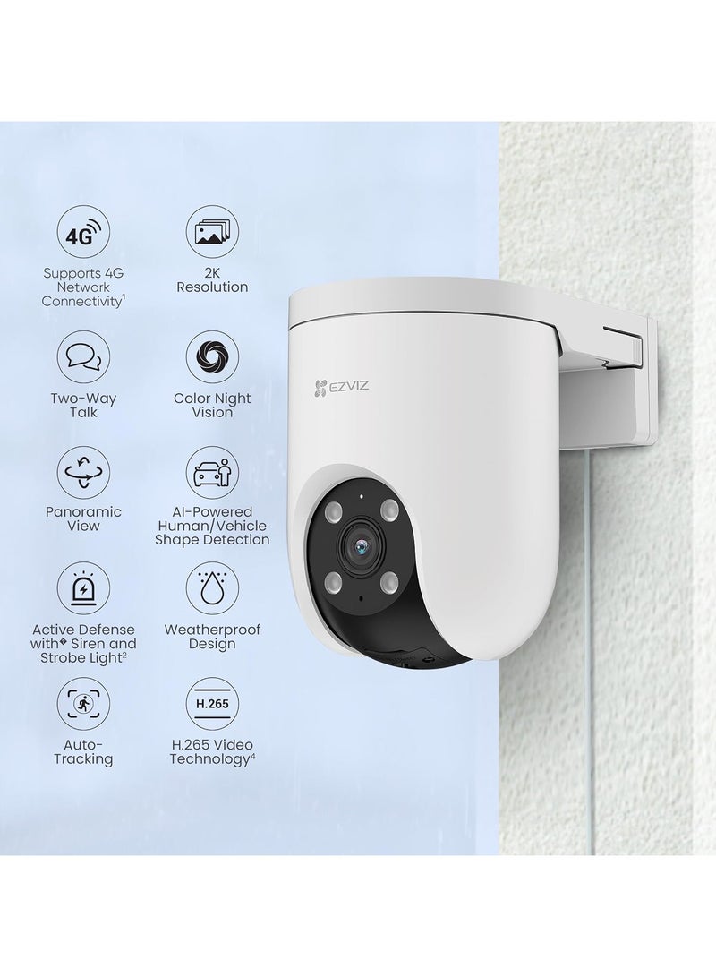 H8C 4G 2K Pan & Tilt 4G Camera with Auto-Tracking, 2 Way Talk, Color Night Vision, Active Defense with Siren & Strobe Light, Weatherproof, H.265 Video, Supports MicroSD Card, White