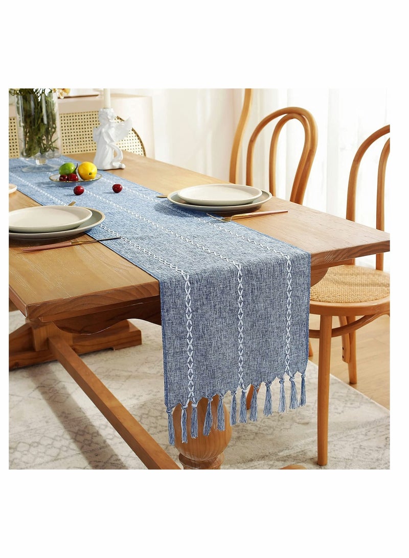 Table Runner, Rustic Linen Table Runner with Handmade Tassel, Embroidered Farmhouse Style Table Runners 90 Inches Long for Party and Dining Room Dining Holiday Decorations, 13 x 90 Inch, Blue