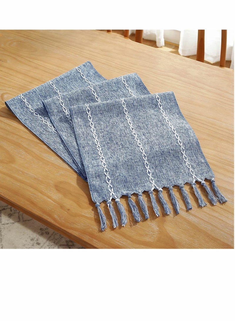 Table Runner, Rustic Linen Table Runner with Handmade Tassel, Embroidered Farmhouse Style Table Runners 90 Inches Long for Party and Dining Room Dining Holiday Decorations, 13 x 90 Inch, Blue