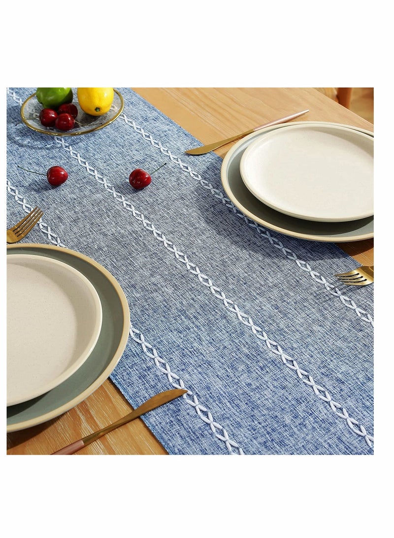 Table Runner, Rustic Linen Table Runner with Handmade Tassel, Embroidered Farmhouse Style Table Runners 90 Inches Long for Party and Dining Room Dining Holiday Decorations, 13 x 90 Inch, Blue