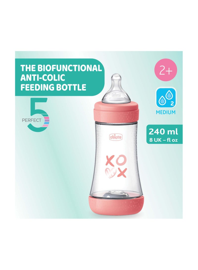 Chicco Perfect 5 Feeding Bottle 240ml Medium Flow 2m+ Silicone, Pink