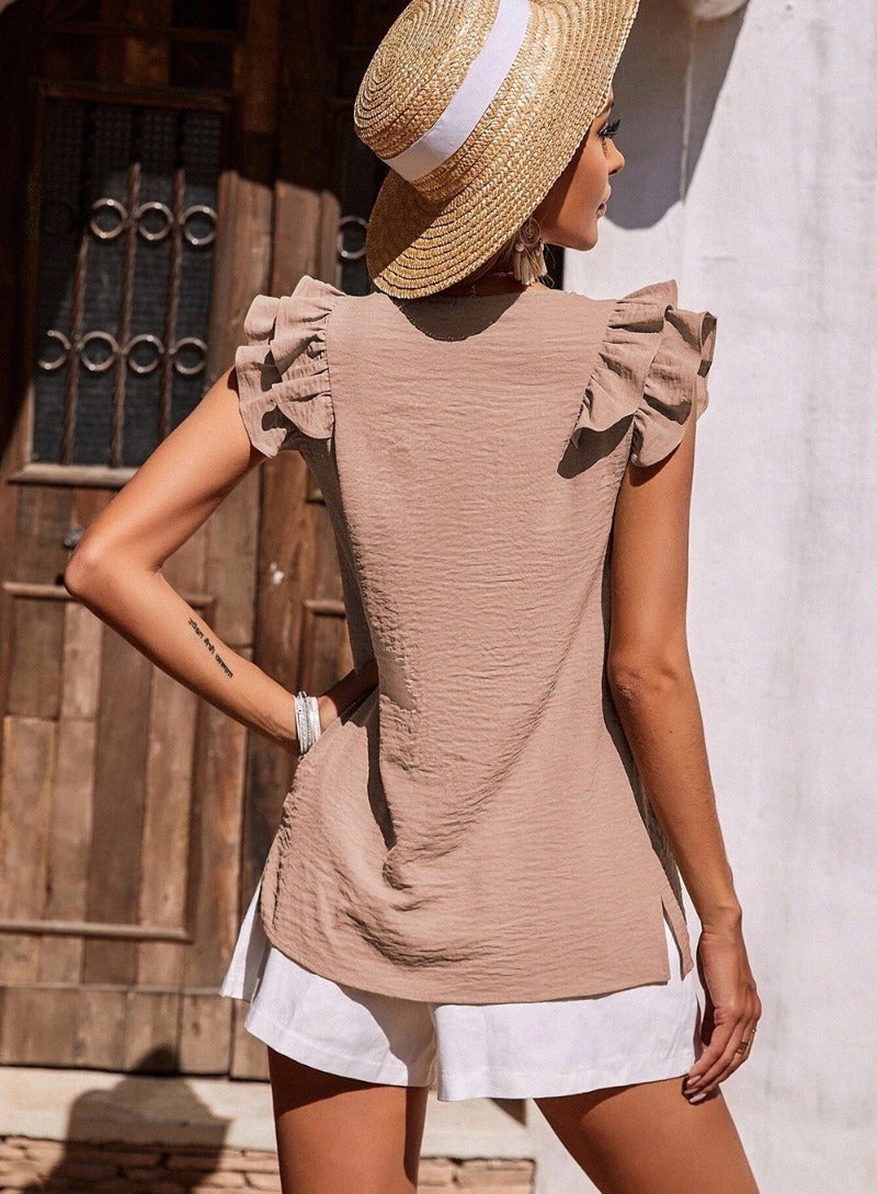 Beige Plain/Basic Cap Sleeve Top