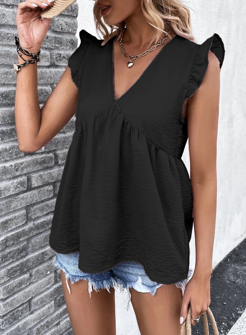 Black Plain/Basic Cap Sleeve Top