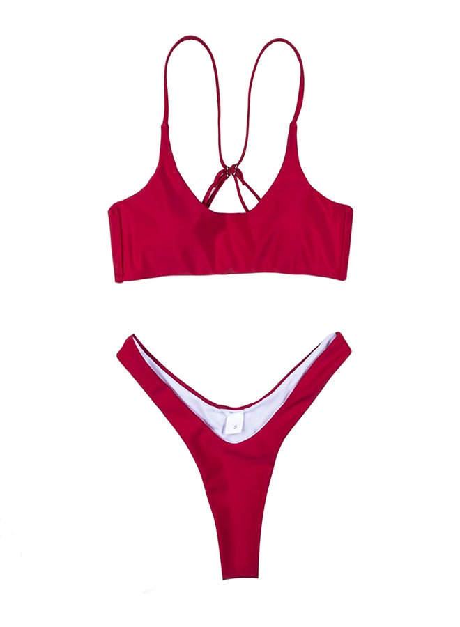 Solid Halterneck Sleeveless Slim Bikini Swimwear Red