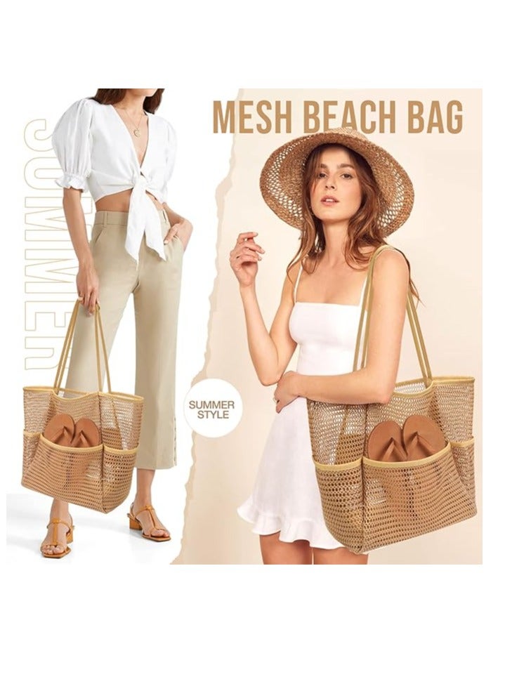 Beach Bag with Mini Pocket, Beach Tote Bags for Women Large Foldable Mesh Swimming Pool Travel Bags