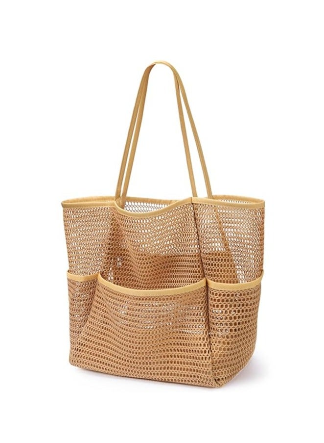 Beach Bag with Mini Pocket, Beach Tote Bags for Women Large Foldable Mesh Swimming Pool Travel Bags