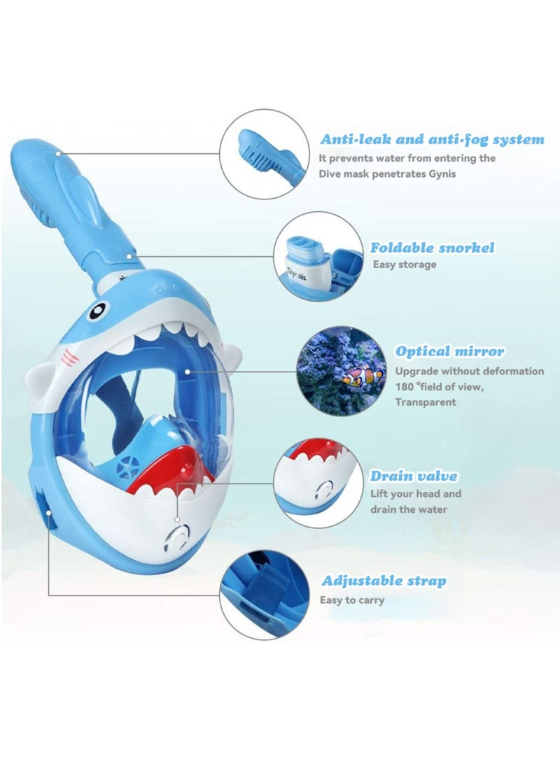 Diving Mask Children's Snorkel Mask Diving Mask Anti-Fog and Anti-Leak Technology Foldable Full Mask with 180° Field of View and Anti-Fog Shark Shape (Blue)