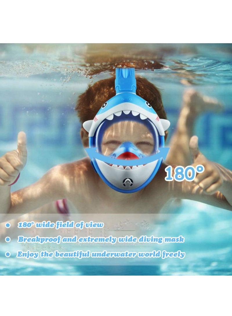 Diving Mask Children's Snorkel Mask Diving Mask Anti-Fog and Anti-Leak Technology Foldable Full Mask with 180° Field of View and Anti-Fog Shark Shape (Blue)